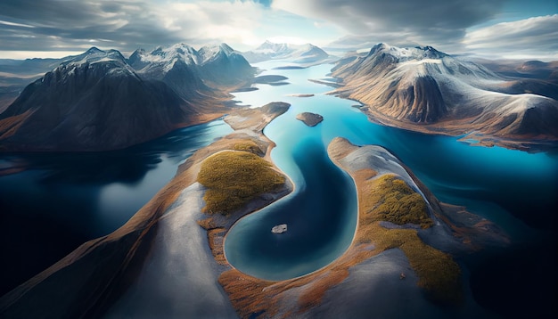 La chaîne de montagnes majestueuse rencontre l'eau bleue réfléchissante générée par l'IA