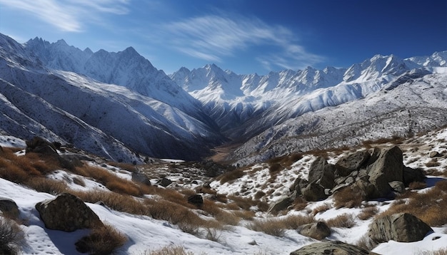 Chaîne de montagnes majestueuse scène tranquille terrain extrême généré par l'IA