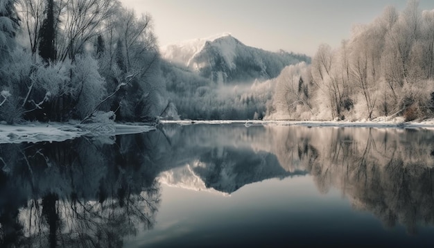 Une chaîne de montagnes majestueuse se reflète dans un étang paisible généré par l'IA