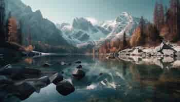 Photo gratuite une chaîne de montagnes majestueuse se reflète dans un étang paisible généré par l'ia