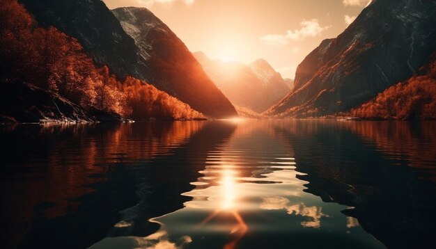 La chaîne de montagnes se reflète majestueusement dans les eaux tranquilles générées par l'IA