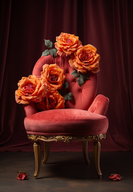 Photo gratuite une chaise 3d avec des fleurs de rose