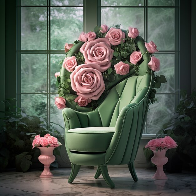 Une chaise 3D avec des fleurs de rose