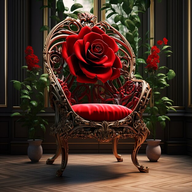 Une chaise 3D avec des fleurs de rose