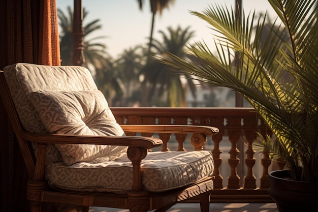 Photo gratuite une chaise confortable sur une terrasse avec vue sur les palmiers