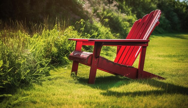 Une chaise rouge se trouve dans un champ herbeux avec un livre sur le devant.