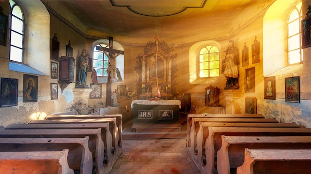 Chaises en bois marron dans la chapelle