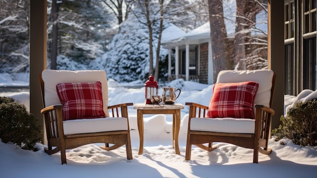 Des chaises confortables sur un porche drapé de neige parfait pour la lecture d'hiver