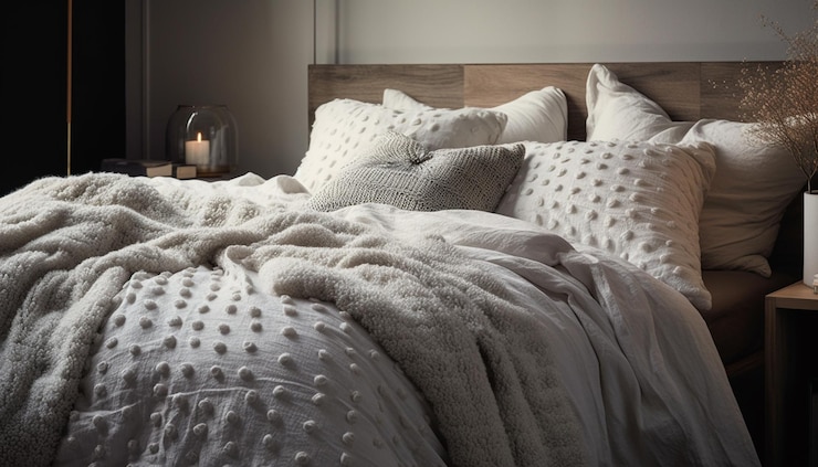 Photo gratuit chambre cosy au design moderne et literie de luxe générée par ia