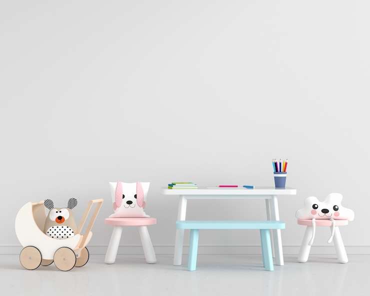 Photo gratuit chambre d'enfants blanche avec chaises et table