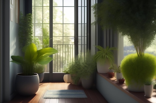 Photo gratuite une chambre avec une fenêtre et des plantes au sol.