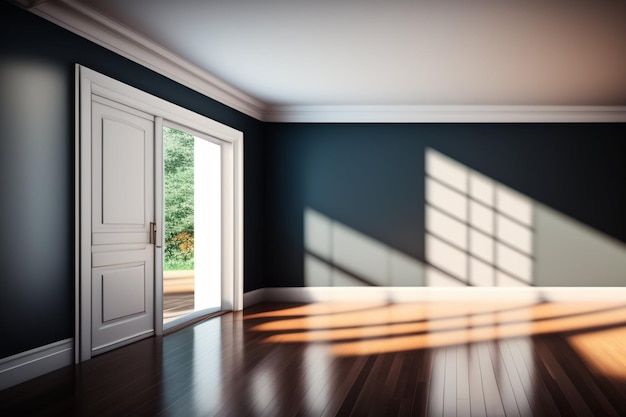 Photo gratuite une chambre avec un mur bleu et des portes blanches.