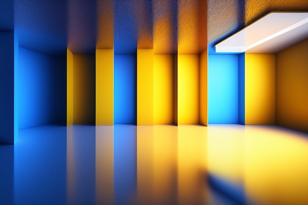 Une chambre avec un papier peint jaune et bleu
