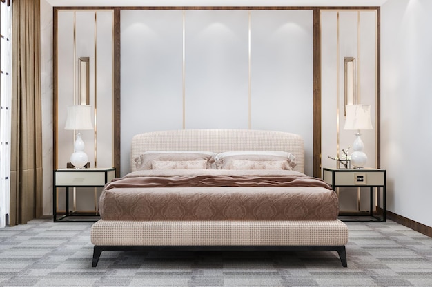 Photo gratuite chambre pastel de luxe moderne, rendu 3d, avec décor en marbre et moquette dans un hôtel de luxe