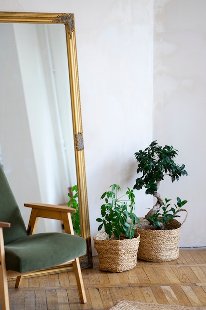 Photo gratuite chambre avec plantes en pot, fauteuil et miroir