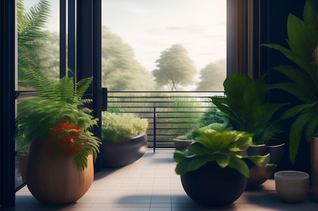 Photo gratuite une chambre avec des plantes en pot et une grande fenêtre