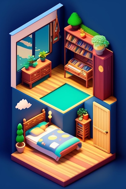 Photo gratuite une chambre de style dessin animé avec un lit, un bureau, des livres et des livres dessus.