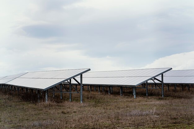 Champ avec beaucoup de panneaux solaires et espace de copie