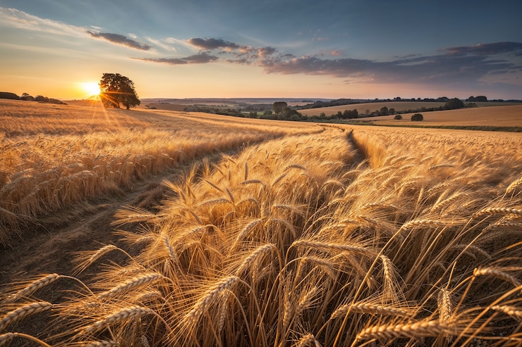 Photo gratuit le champ de blé au coucher du soleil
