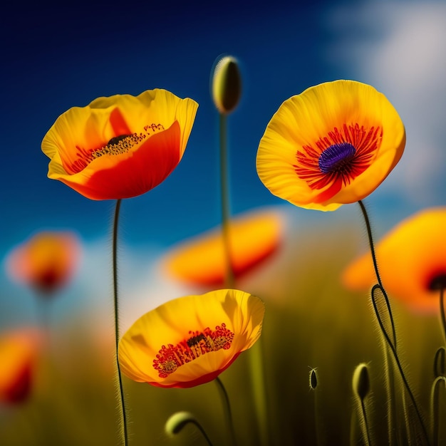 Photo gratuite un champ de fleurs jaunes avec un ciel bleu derrière eux.