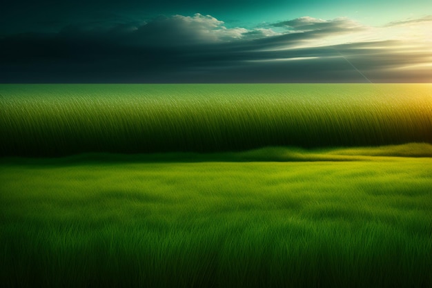 Champ vert avec le soleil qui brille à travers les nuages