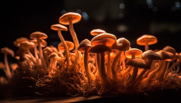 Champignon agaric de mouche rougeoyant dans la forêt sombre généré par l'IA