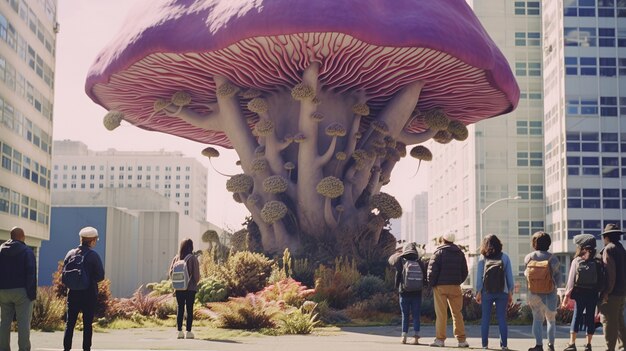 Un champignon géant dans la ville entouré de gens.