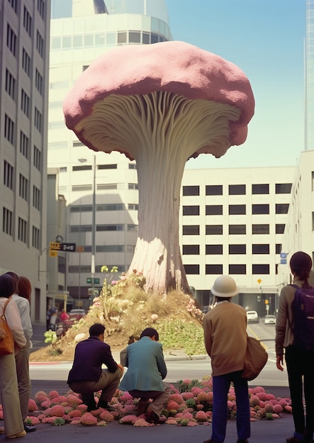 Photo gratuite un champignon géant entouré de gens en ville.