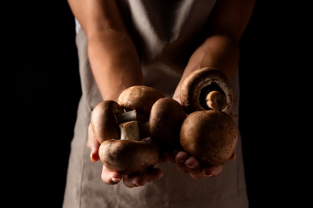 Photo gratuite champignons de maintien femelle angle élevé