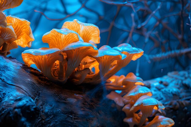 Les champignons vus avec des lumières intenses et colorées