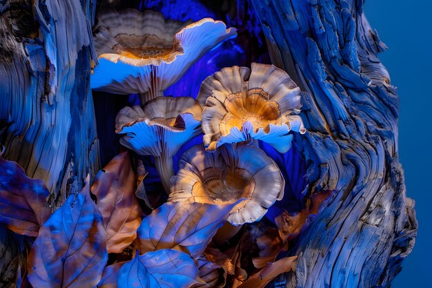 Les champignons vus avec des lumières intenses et colorées