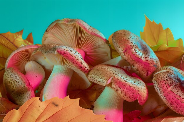 Les champignons vus avec des lumières intenses et colorées