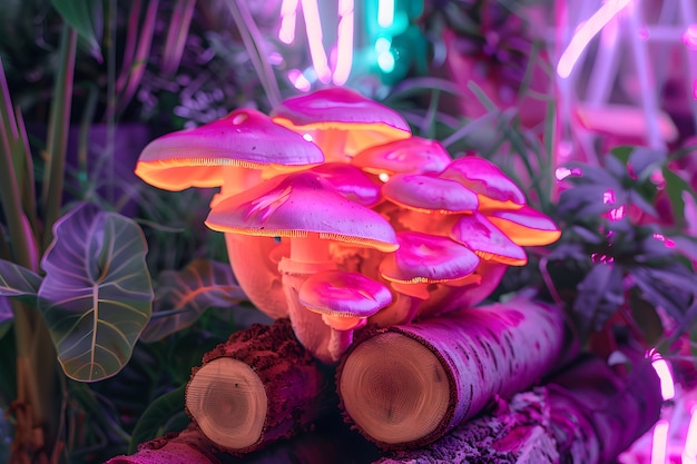 Photo gratuite les champignons vus avec des lumières intenses et colorées