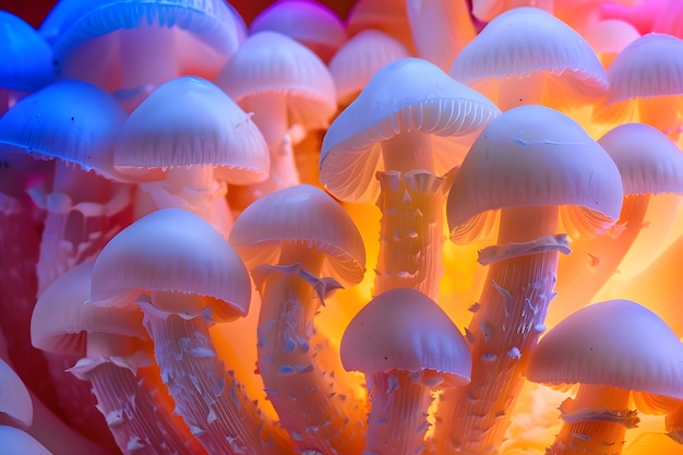 Les champignons vus avec des lumières intenses et colorées