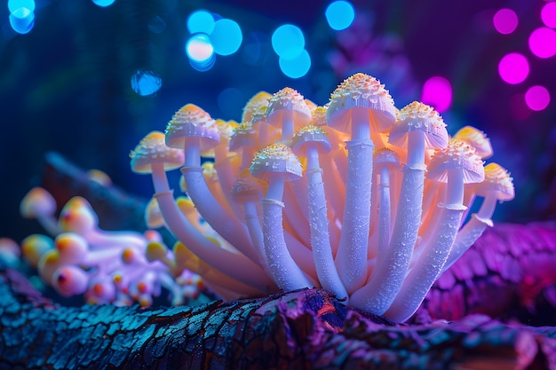 Photo gratuite les champignons vus avec des lumières intenses et colorées