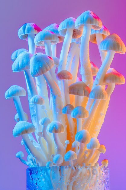 Les champignons vus avec des lumières intenses et colorées