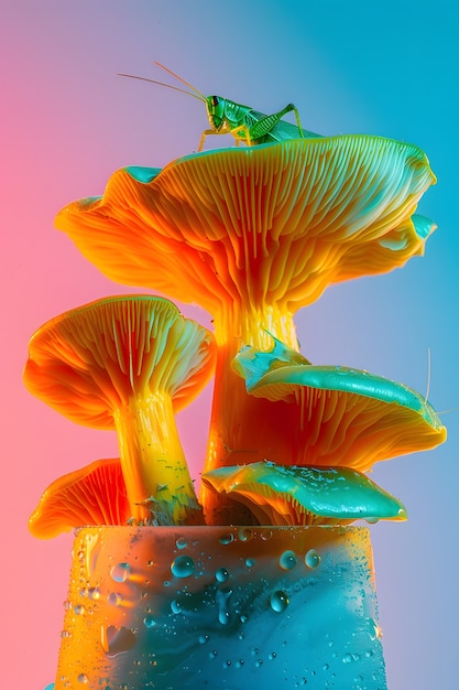 Les champignons vus avec des lumières intenses et colorées