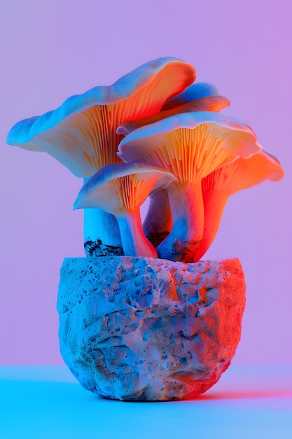 Les champignons vus avec des lumières intenses et colorées