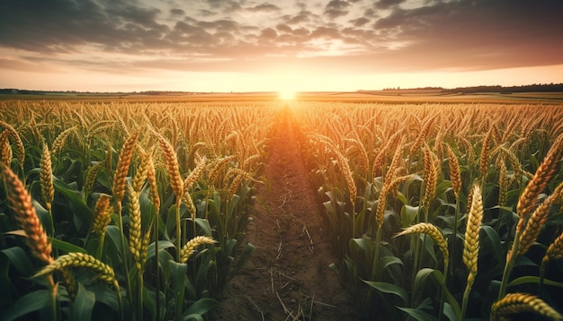 Les champs de blé doré brillent au coucher du soleil générés par l'IA