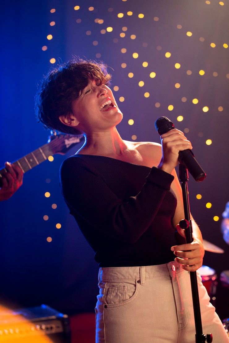 Photo gratuit chanteur moyen avec microphone