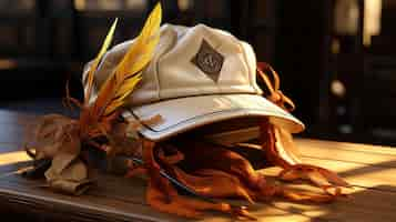 Photo gratuite chapeau de cowboy avec des plumes sur une table en bois dans un café en gros plan