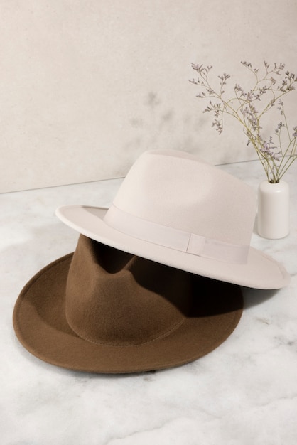 Photo gratuite chapeaux fedora en studio nature morte