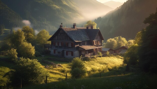 Chapelle rustique au sommet d'une chaîne de montagnes au coucher du soleil générée par l'IA