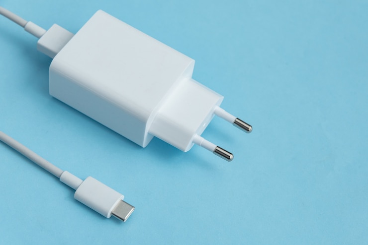 Photo gratuit chargeur et câble usb de type c sur fond bleu