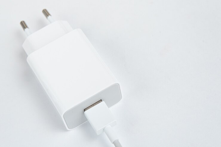 Photo gratuit chargeur de téléphone portable blanc sur fond blanc isolé - avec câble usb