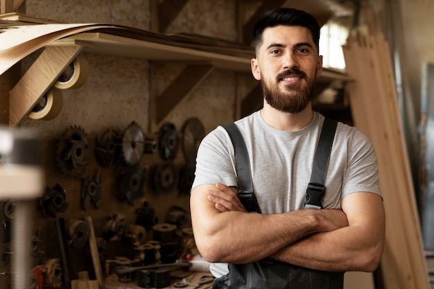 Charpentier coupant le panneau de forces de défense principale à l'intérieur de l'atelier