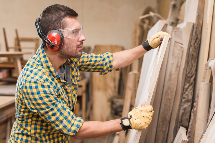 Photo gratuit charpentier, mâle, lunettes protectrices, vérification, planche bois, atelier