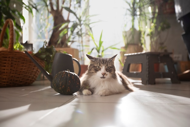 Chat assis dans un jardin de culture d'intérieur