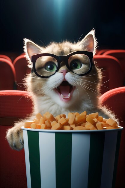 Un chat au cinéma regarde un film avec du pop-corn.