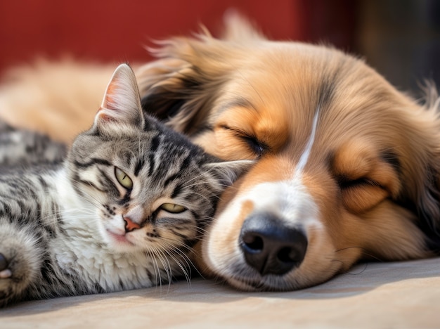 Photo gratuite le chat et le chien sont affectueux et montrent de l'amour l'un pour l'autre.